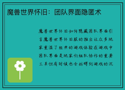 魔兽世界怀旧：团队界面隐匿术